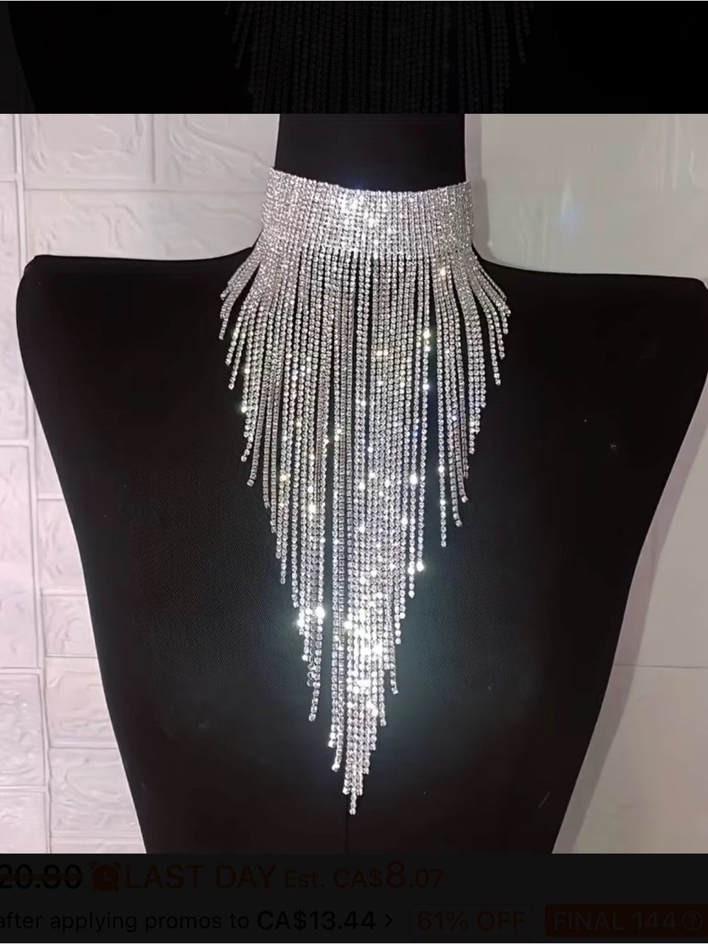 Silver Tone Fringe Crystal Choker Necklace - Elegant Statement New